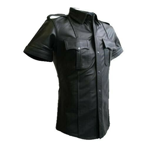 Chemise à manches courtes de style policier/militaire en cuir noir de première qualité pour hommes