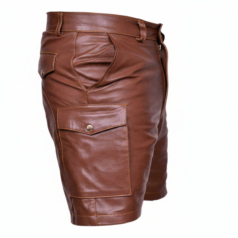 Herren Braun Echtes Leder Lässige Clubwear Cargo-Shorts