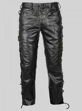 Charger l&#39;image dans la galerie, Pantalon de motard noir à lacets en cuir véritable pour homme
