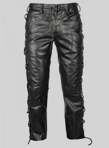 Pantalon de motard noir à lacets en cuir véritable pour homme