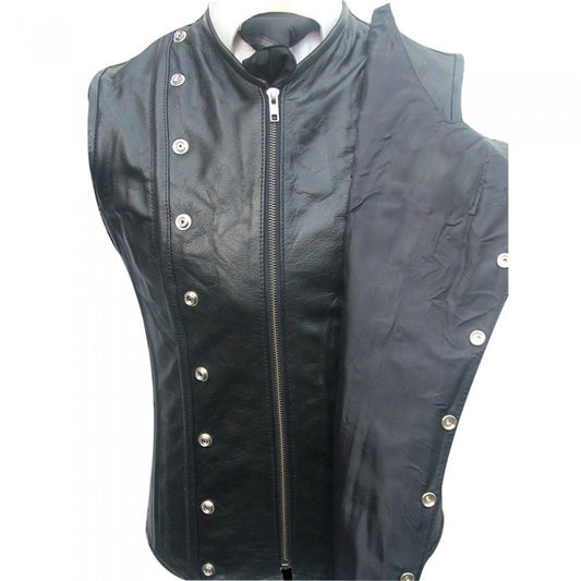 Gilet sans manches en acier en cuir véritable noir pour homme