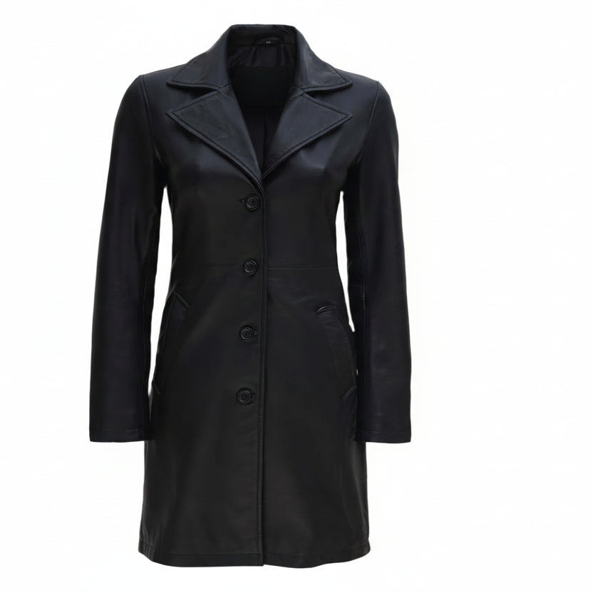 Manteau 3/4 en cuir véritable noir pour femme