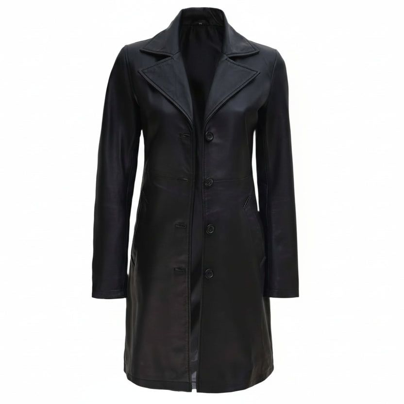 Manteau 3/4 en cuir véritable noir pour femme
