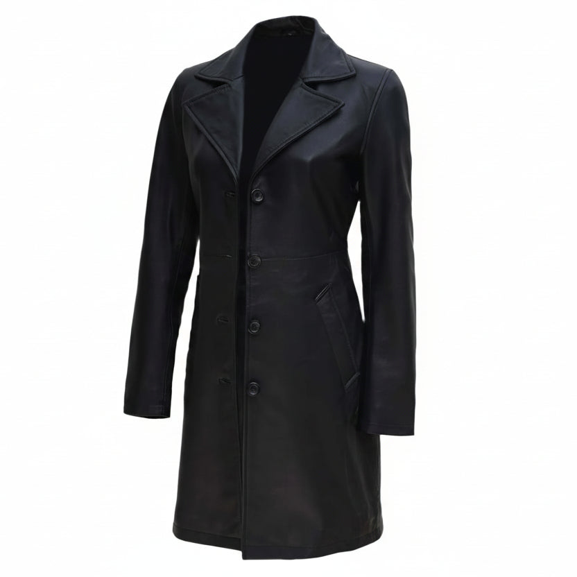 Manteau 3/4 en cuir véritable noir pour femme