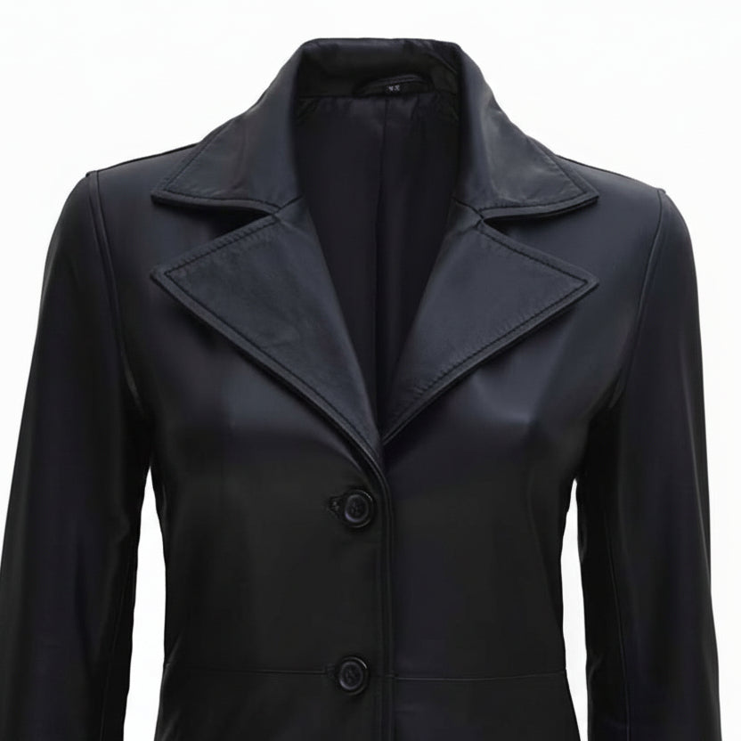 Manteau 3/4 en cuir véritable noir pour femme