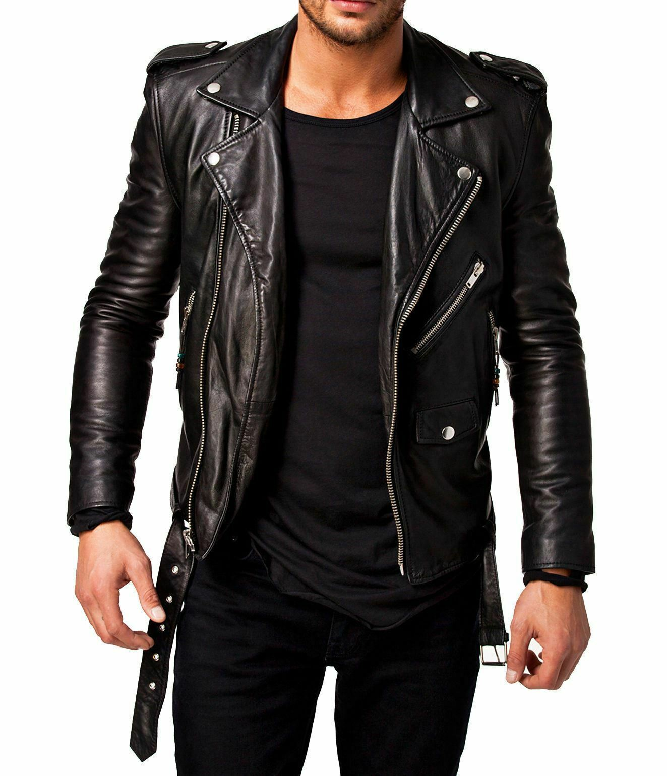 Slim fit leather biker jacket best sale mens