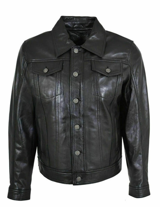 Men's Black Leather Trucker Jacket