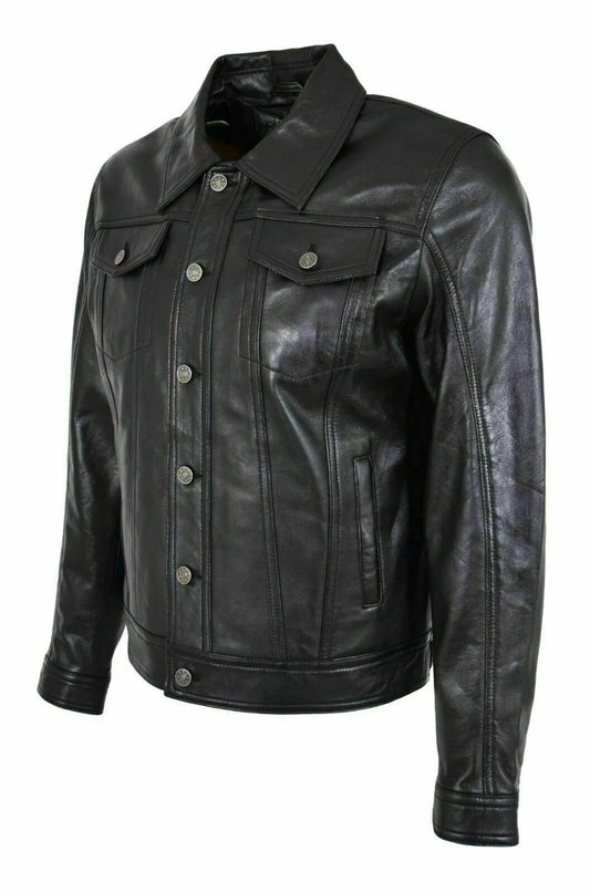 Men's Black Leather Trucker Jacket