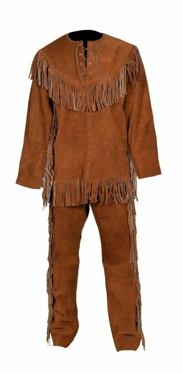 Native American Genuine Suede Pants & Shirt With Fringes Ragged Suit