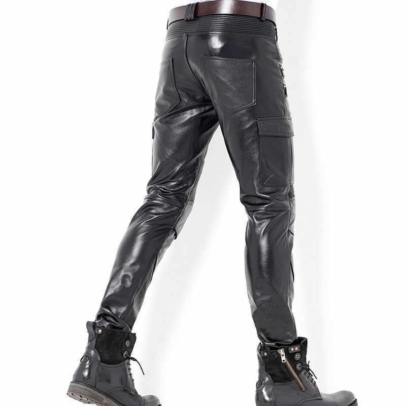 Men's Genuine Leather slim Biker trouser pants