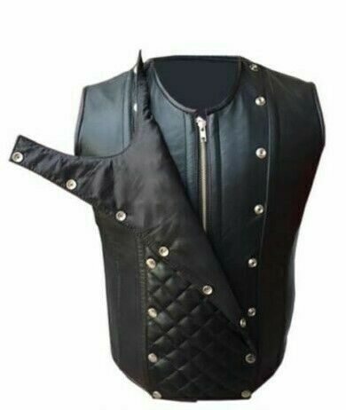 Men's Real Leather Black Biker Style Waistcoat Vest