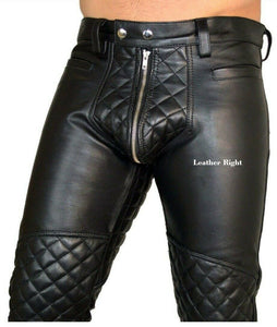 Men's Real Cowhide Soft Leather Quilted Trouser Pants