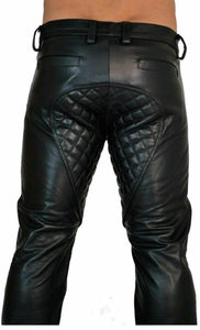 Men's Real Cowhide Soft Leather Quilted Trouser Pants