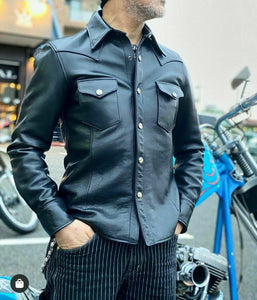 Men's Black Real Leather Collared Full Sleeve Shirt/Jacket