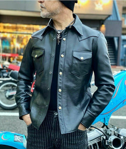Men's Black Real Leather Collared Full Sleeve Shirt/Jacket