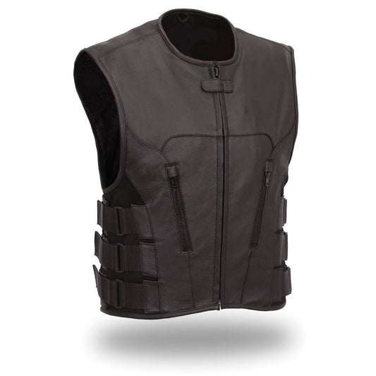 Gilet de motard SWAT en cuir de vache véritable noir pour homme