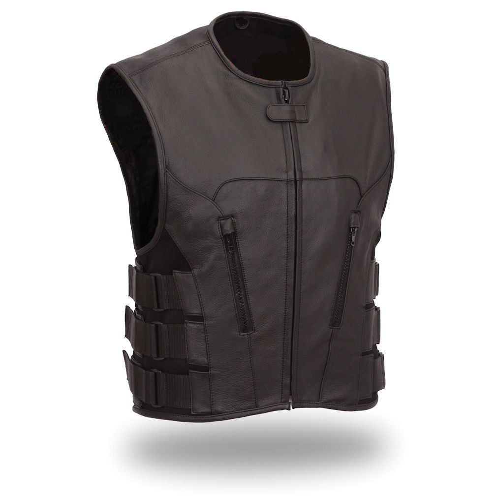 Men's Black Real Cow Leather Cut SWAT Biker Waistcoat vest