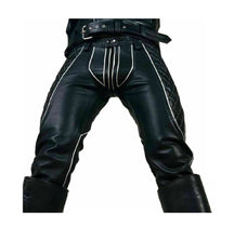 Charger l&#39;image dans la galerie, Pantalon en jean coupe slim en cuir véritable avec fermeture éclair à l&#39;arrière
