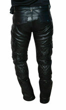 Indlæs billede til gallerivisning Men&#39;s Black Genuine Leather Cargo Pants Trouser

