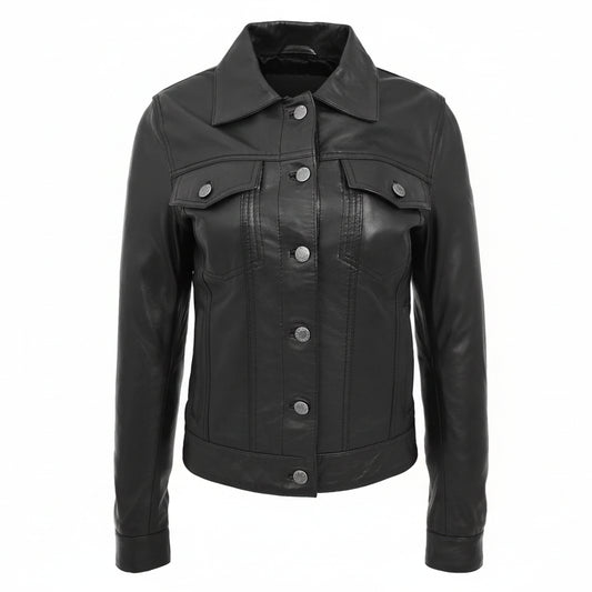 Women's Black Genuine Leather Trucker Jacket