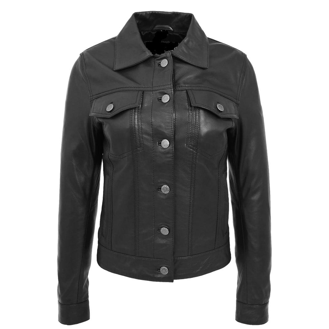 Ladies Black Genuine Leather Trucker Jacket