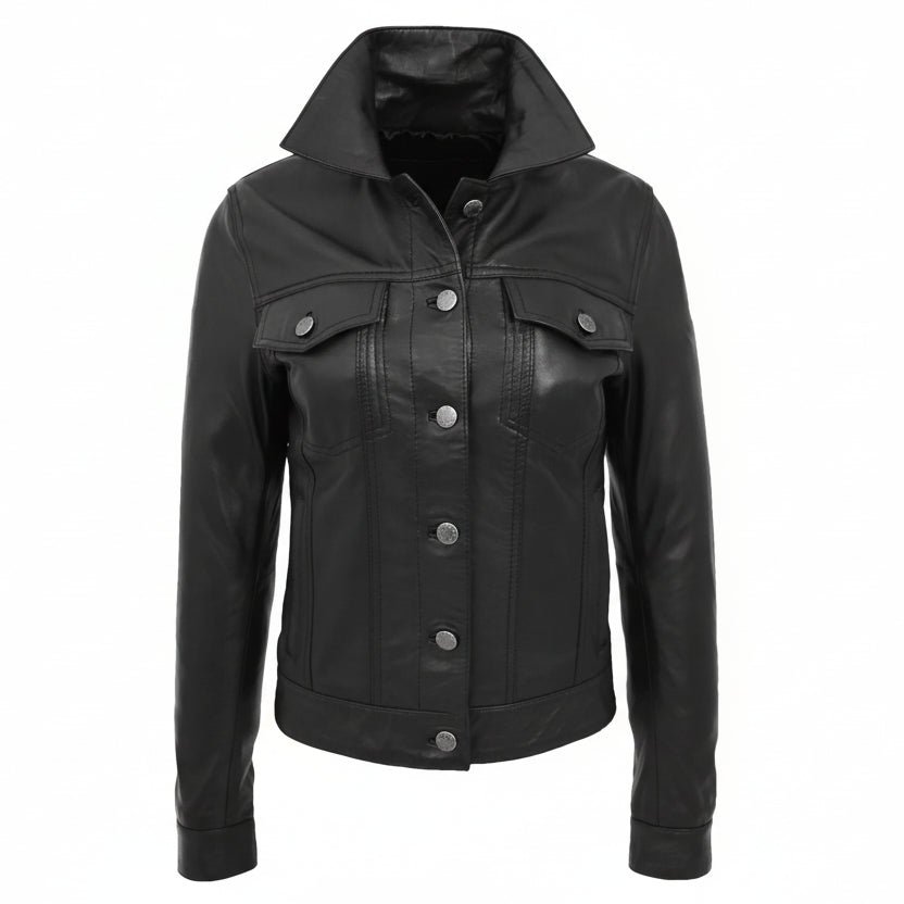 Schwarze Trucker-Jacke aus echtem Leder für Damen