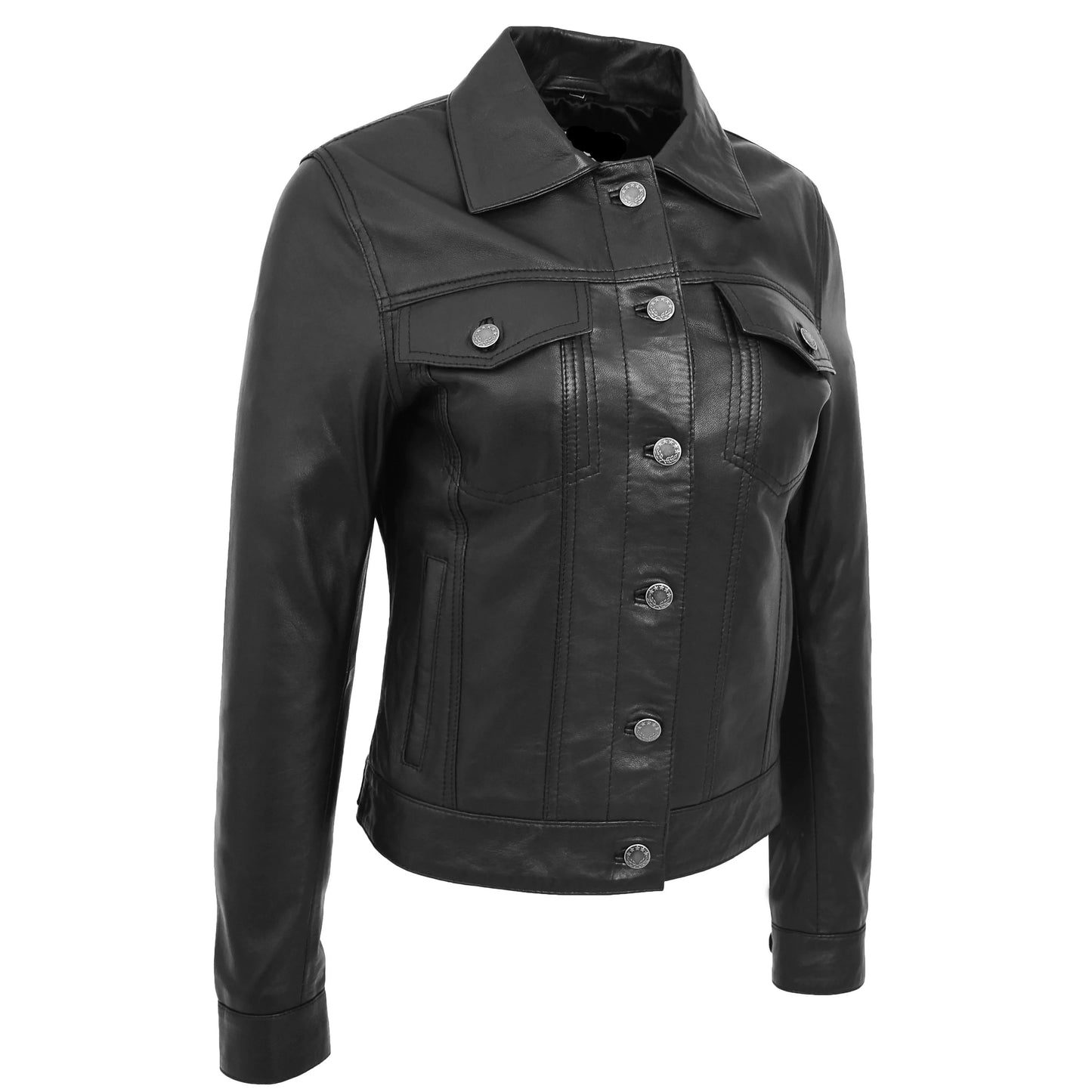 Schwarze Trucker-Jacke aus echtem Leder für Damen