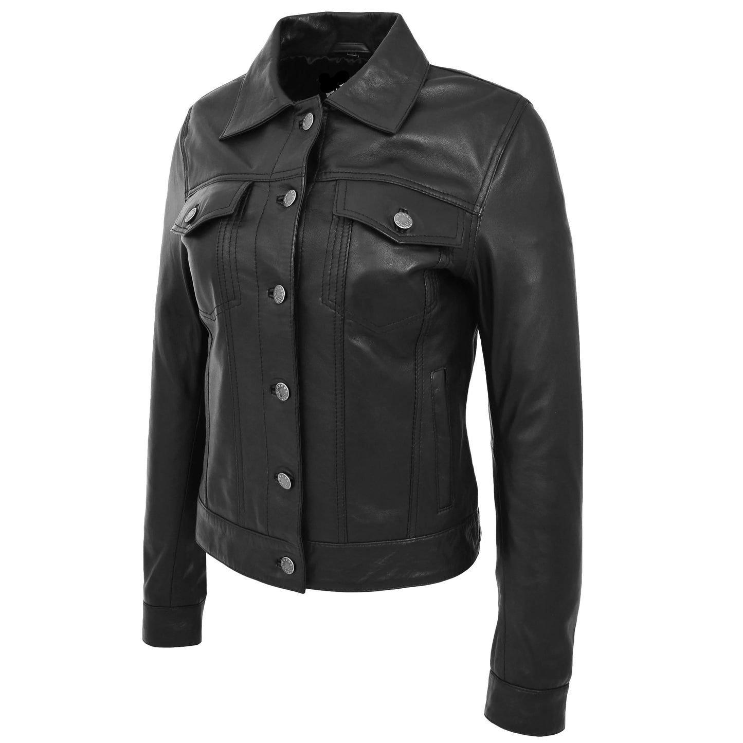 Schwarze Trucker-Jacke aus echtem Leder für Damen