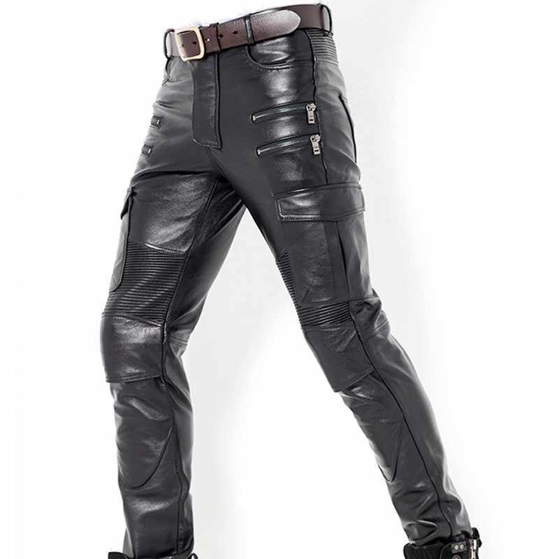 Men's Genuine Leather slim Biker trouser pants