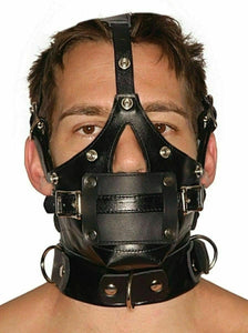 Capuche de masque facial en cuir véritable avec bondage bouche bâillon