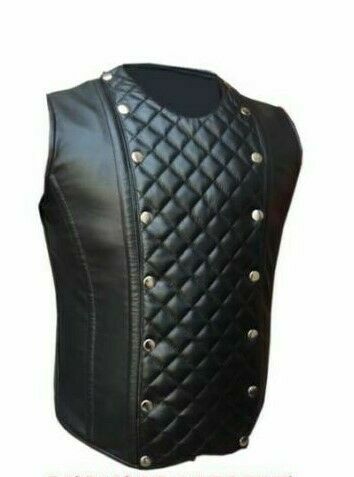 Men's Real Leather Black Biker Style Waistcoat Vest