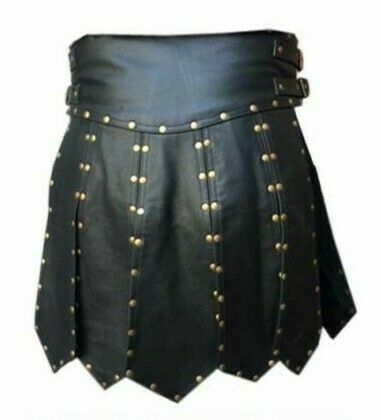 Men's Genuine Leather Studded Gladiator Kilt Larp Black