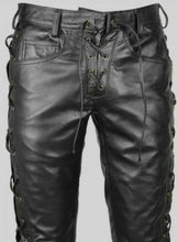 Indlæs billede til gallerivisning Men&#39;s Black Genuine Leather Laced up Biker trouser pants
