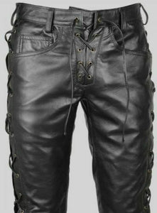 Men's Black Genuine Leather Laced up Biker trouser pants