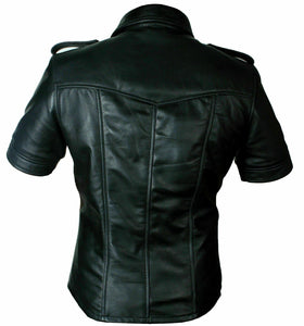 Men's Black Real Leather Short Sleeve Shirt
