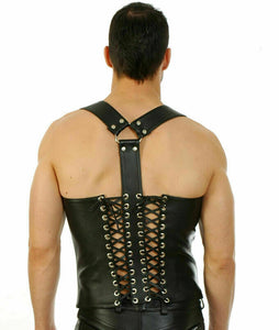 Bondage à l'arrière en cuir véritable avec corset désossé en acier