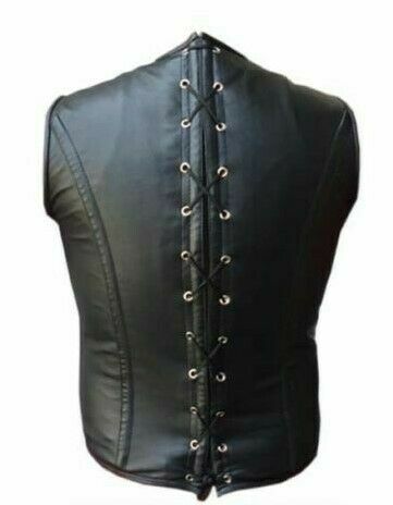 Men's Real Leather Black Biker Style Waistcoat Vest
