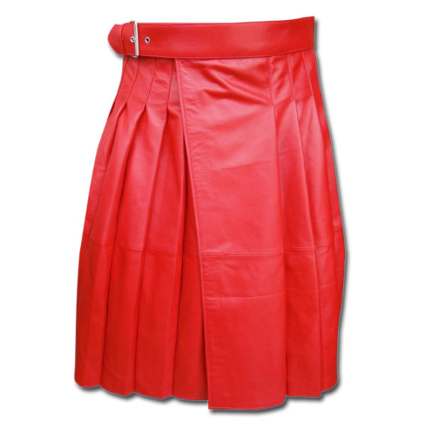 Men's Red Genuine Leather Pleated Kilt