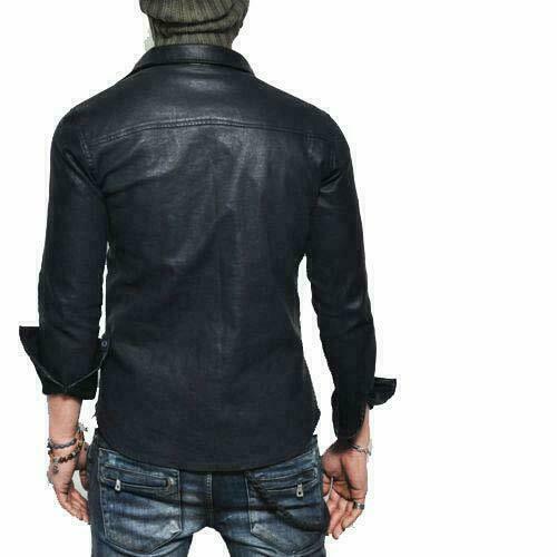 Men's Black Genuine Leather Slim Fit Shirt