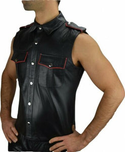 Men's Black Genuine Leather Sleeveless Shirt