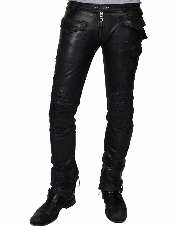 Men's Genuine Leather slim Biker pants