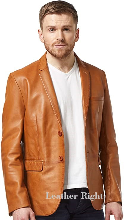 Men's Tan Genuine Lamb Leather Blazer Jacket