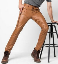 Charger l&#39;image dans la galerie, Pantalon de motard slim en cuir véritable fauve pour hommes
