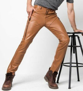 Pantalon de motard slim en cuir véritable fauve pour hommes
