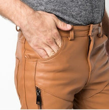 Charger l&#39;image dans la galerie, Pantalon de motard slim en cuir véritable fauve pour hommes
