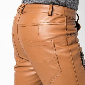 Men's Tan Genuine Leather Slim Biker trouser pants