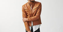 Afbeelding in Gallery-weergave laden, Men&#39;s Tan Genuine Leather Slim Fit Biker Jacket
