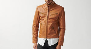Men's Tan Genuine Leather Slim Fit Biker Jacket