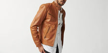 Lataa kuva Galleria-katseluun, Men&#39;s Tan Genuine Leather Slim Fit Biker Jacket
