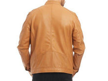 Indlæs billede til gallerivisning Men&#39;s Tan Genuine Leather Racer Neck Biker Jacket
